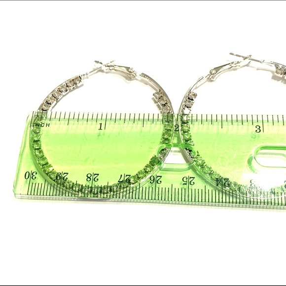 Hoop Earrings Silver Tone Rhinestones 2” - Picture 3 of 4